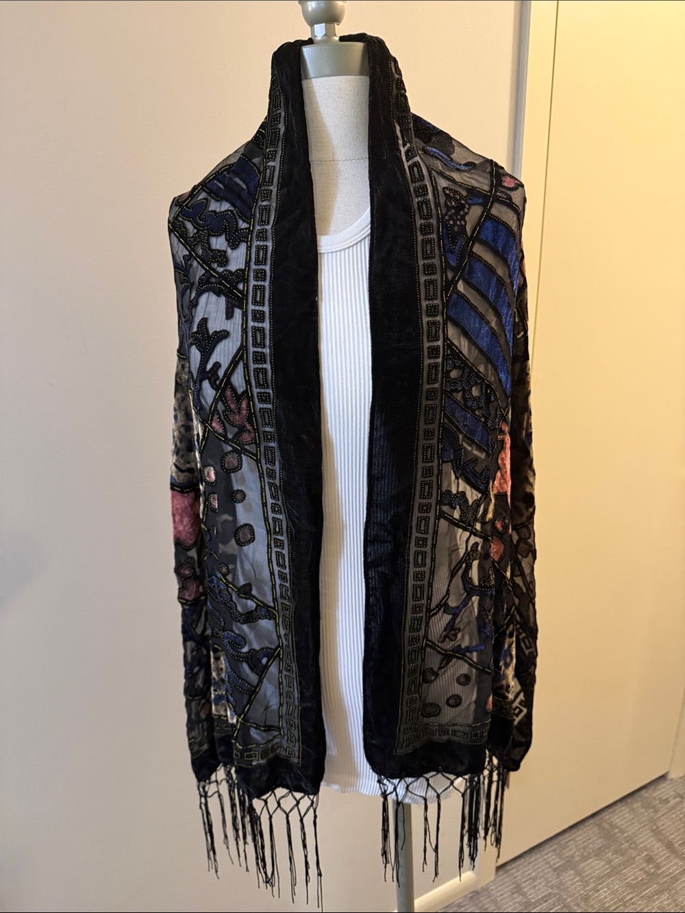 Black Velvet-Trim Embroidered Floral Shawl Scarf